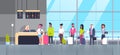 Check In Airport Group Of Mix Race Passengers Standing In Queue To Counter, Departures Board Concept Royalty Free Stock Photo