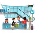 Check in airport with lady on counter and man and woman passengers with luggage vector illustration, check in baggage