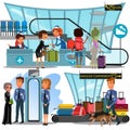 Check in airport with lady on counter and man and woman passengers with luggage vector illustration, check in passport