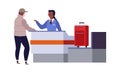 Check in airport terminal. Border security and traveler with bags standing at scanning conveyor vector travel concept