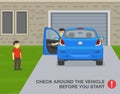 Check around the vehicle before your start. Driver looks back before moving reverse in the driveway.