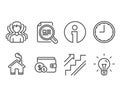 Check article, Time and Stairs icons. Buying accessory, Group and Idea signs.