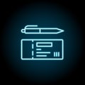 Check book, pen blue neon icon. Simple thin line, outline vector of saving money icons for ui and ux, website or mobile Royalty Free Stock Photo