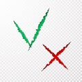 Check box list icons tick and cross, green and red marks are the ripped paper torn off on transparent background Royalty Free Stock Photo