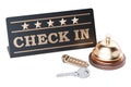 Check in concept, hotel key and reception bell, 3D rendering Royalty Free Stock Photo