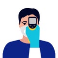 Check control body temperature. Hand with gloves holding distant thermometer. Man with protective respiratory mask on Royalty Free Stock Photo