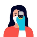 Check control body temperature. Hand with gloves holding distant thermometer. Woman with protective respiratory mask on Royalty Free Stock Photo