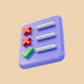 Check cross list document icon 3d render concept for clipboard with green tick Royalty Free Stock Photo