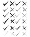 Check and cross marks. Hand drawn brushes. Marker design elements set isolated on white background