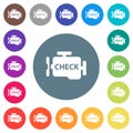 Check engine flat white icons on round color backgrounds