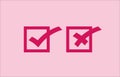 Check and False Marks Ticks and crosses in dark pink squares,