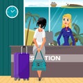 Check into a hotel on a tropical beach. Young woman with suitcases is standing at the reception desk. Flat vector cartoon Royalty Free Stock Photo