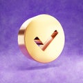 Check icon. Gold glossy Check symbol isolated on violet velvet background.
