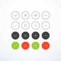 Tick, cross, plus, minus icon button set. Check mark icons. Vector illustration