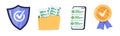 Check icons set. Documents approve symbol and quality guarantee certificate. Document agreeing and signing offer. Done