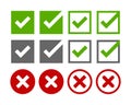 Check and incorrect icons check boxes. A green tick, a red cross in a square or circle. Yes or no - vector illustration