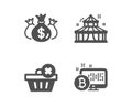 Check investment, Delete order and Circus icons. Bitcoin system sign. Vector