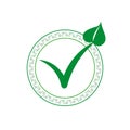 Check leaf logo vegetarian quality ecology vegan green eco element organic symbol. Vector illustration. Stock image.