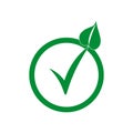 Check leaf logo vegetarian quality ecology vegan green eco element organic symbol. Vector illustration. Stock image.