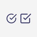 Check list button icon. Check mark in square and round box. Correct symbol. Stock Vector illustration isolated on white Royalty Free Stock Photo
