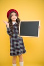 Check list concept. Place for information. Sale and discount. Child promo information board. Girl hold blank blackboard Royalty Free Stock Photo