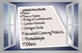 Check list of indoor air pollutants seen through an open window - concept image Royalty Free Stock Photo