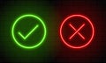 Check mark and cross mark in neon style. Green tick and red cross check marks. Retro signs with glowing neon. Vector illustration Royalty Free Stock Photo