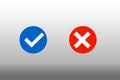 Check mark and cross or x icon in flat style on white background. blue and red check mark on white background Royalty Free Stock Photo