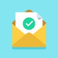 Check mark document in mail envelope. Approved tick marker, accepted or checked on letter. Confirmation email message Royalty Free Stock Photo