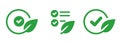 Check mark and green leaf leaves set icon symbol of eco friendly natural organic approval certification tag design