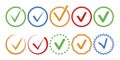 Check mark icon. Control tick for the checklist. Colored markers in circles. Vector illustration