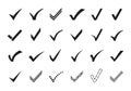 Check mark icons. Verification and approval marks, correct answer sign and tick checkmarks vector symbol set