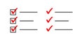 Check mark list task marker vector element or questionnaire poll survey checklist completed graphic illustration, test report pen