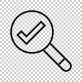 Check mark with magnifying glass icon in flat style. Loupe accept vector illustration on white isolated background. Search