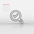 Check mark with magnifying glass icon in flat style. Loupe accept vector illustration on white isolated background. Search Royalty Free Stock Photo