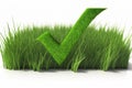 Check mark over grass. Green ecology concept. Environmental conservation