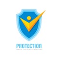 Check mark on shield logo design. Stylized human silhouette sign. Certified badge.