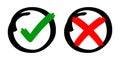 Check mark sign yes or no with stripes brush hand drawn, checkmark cross or right tick choice for vote, accept or x icon graphic