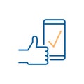 Check mark on smart phone screen with a thumbs up indicating success, approval, download complete, positive feedback.