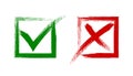 Check mark, tick and cross brush signs, green checkmark OK and red X icons, symbols YES and NO button for vote, decision