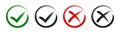 Check mark, tick and cross brush signs, green checkmark OK and red X icons, symbols YES and NO button for vote, decision Royalty Free Stock Photo