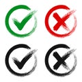 Check mark, tick and cross brush signs, green checkmark OK and red X icons, symbols YES and NO button for vote, decision, election Royalty Free Stock Photo