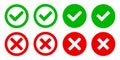 Check mark, tick and cross button, x mark, green and red check box with yes and no sign set in circle shape