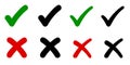 Check mark, tick and cross signs, green checkmark OK and red X icons, symbols YES and NO button for vote, decision, election Royalty Free Stock Photo