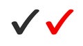 Check mark tick icon vector for correct positive vote answer or correct and accepted red and black checkmark pictogram isolated on Royalty Free Stock Photo