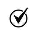 Check Mark. Valid Seal icon. black tick in circle. Flat OK sticker icon