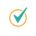 Check Mark. Valid Seal icon. blue tick in orange circle. Flat OK sticker icon Royalty Free Stock Photo