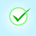 Check mark vector icon on blue background. Checkmark right symbol tick sign. Ok button correct circle icon.Vector Royalty Free Stock Photo