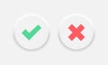Check mark vector icons. Accept aprove and reject icons. Neumorphic soft effect white circle button. Check tick cross