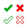Check mark and x for confirm and deny icon simple, red green checkmark isolated on white, check list button flat for apps and Royalty Free Stock Photo